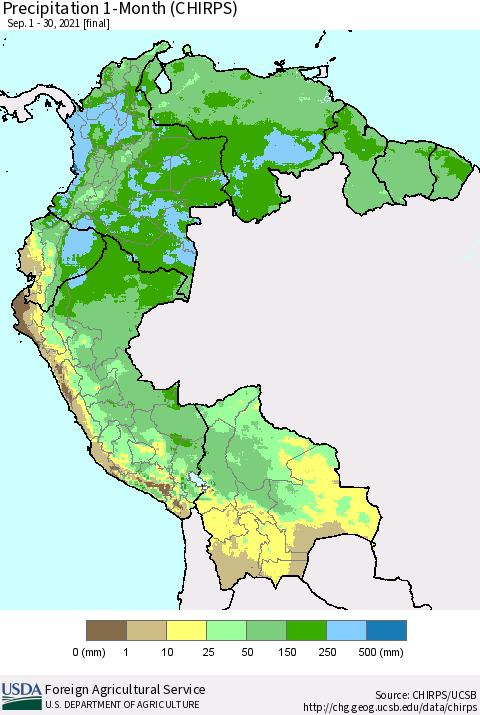 Northern South America Precipitation 1-Month (CHIRPS) Thematic Map For 9/1/2021 - 9/30/2021