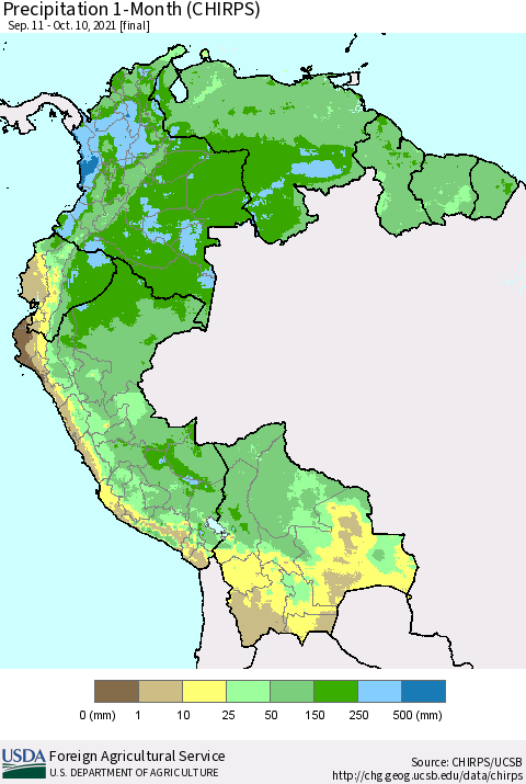 Northern South America Precipitation 1-Month (CHIRPS) Thematic Map For 9/11/2021 - 10/10/2021