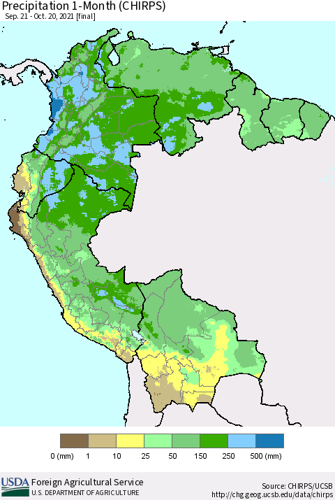 Northern South America Precipitation 1-Month (CHIRPS) Thematic Map For 9/21/2021 - 10/20/2021