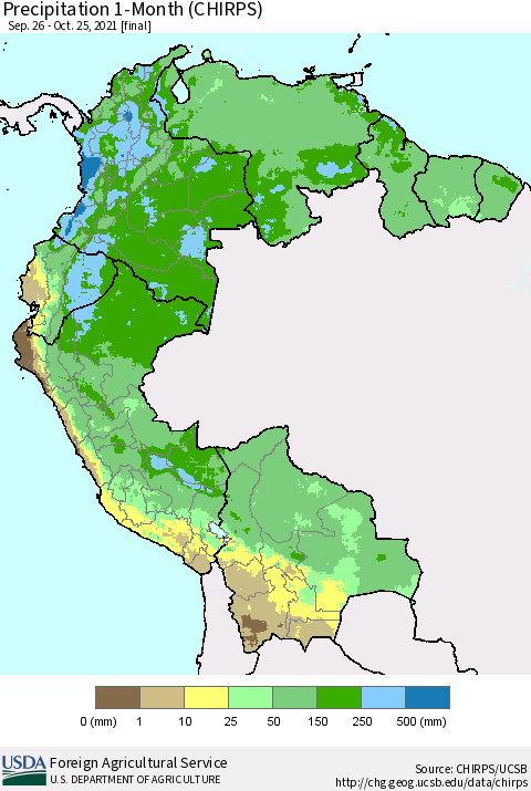 Northern South America Precipitation 1-Month (CHIRPS) Thematic Map For 9/26/2021 - 10/25/2021