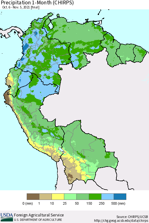 Northern South America Precipitation 1-Month (CHIRPS) Thematic Map For 10/6/2021 - 11/5/2021