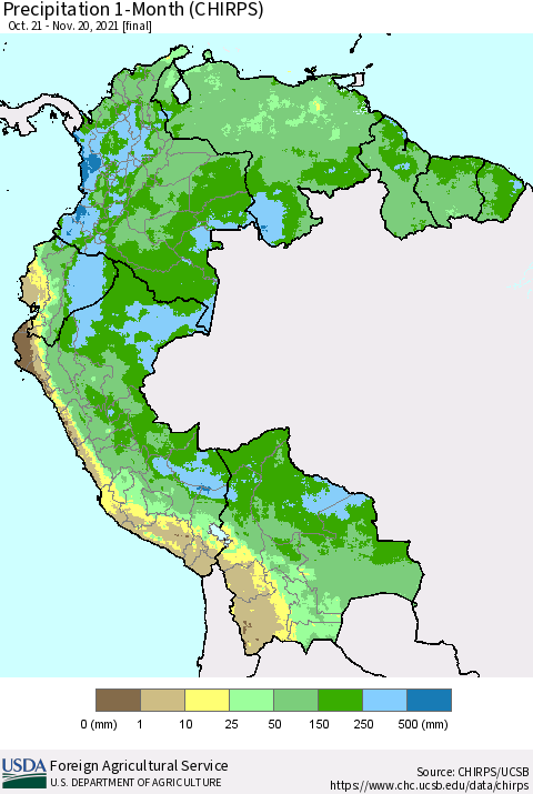 Northern South America Precipitation 1-Month (CHIRPS) Thematic Map For 10/21/2021 - 11/20/2021