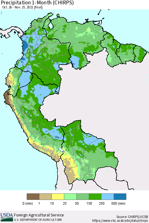 Northern South America Precipitation 1-Month (CHIRPS) Thematic Map For 10/26/2021 - 11/25/2021