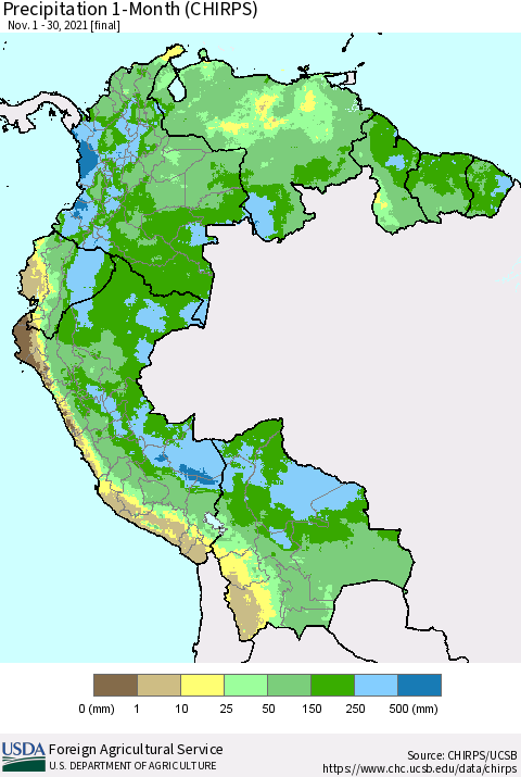 Northern South America Precipitation 1-Month (CHIRPS) Thematic Map For 11/1/2021 - 11/30/2021