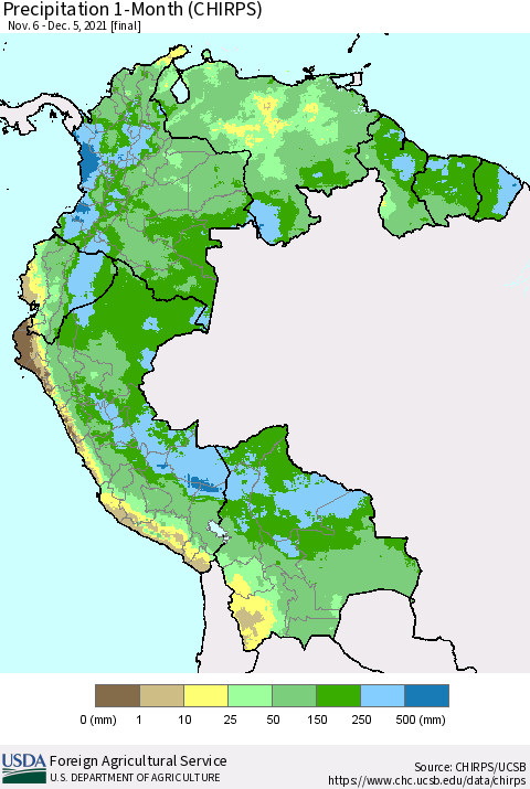 Northern South America Precipitation 1-Month (CHIRPS) Thematic Map For 11/6/2021 - 12/5/2021