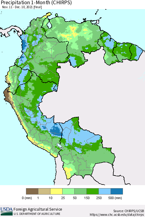 Northern South America Precipitation 1-Month (CHIRPS) Thematic Map For 11/11/2021 - 12/10/2021