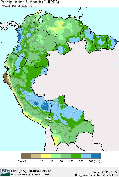 Northern South America Precipitation 1-Month (CHIRPS) Thematic Map For 11/16/2021 - 12/15/2021