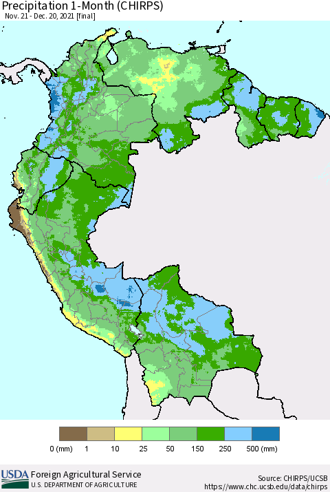 Northern South America Precipitation 1-Month (CHIRPS) Thematic Map For 11/21/2021 - 12/20/2021