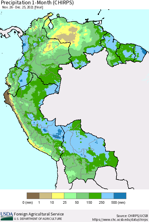 Northern South America Precipitation 1-Month (CHIRPS) Thematic Map For 11/26/2021 - 12/25/2021