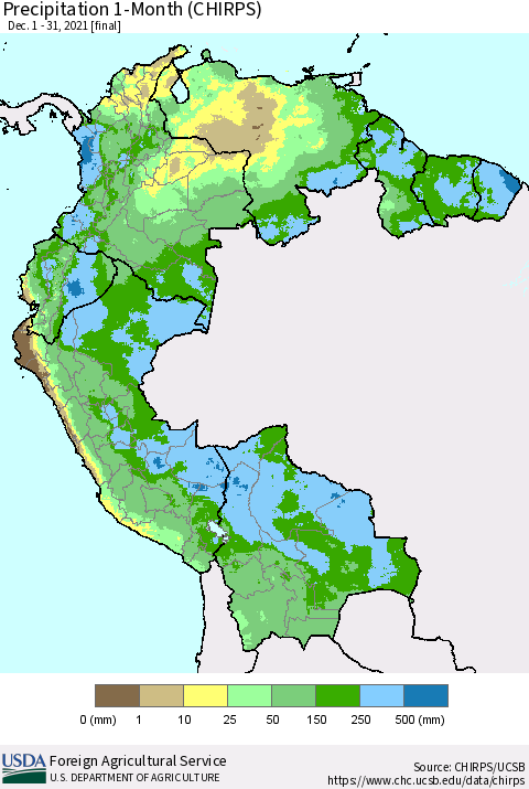 Northern South America Precipitation 1-Month (CHIRPS) Thematic Map For 12/1/2021 - 12/31/2021