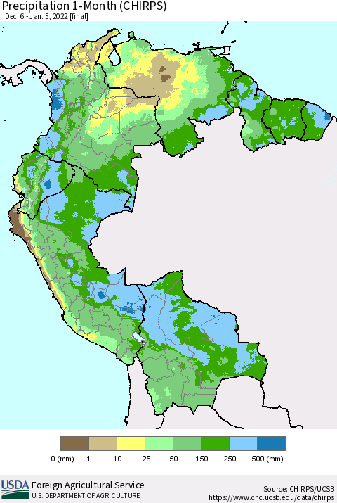 Northern South America Precipitation 1-Month (CHIRPS) Thematic Map For 12/6/2021 - 1/5/2022