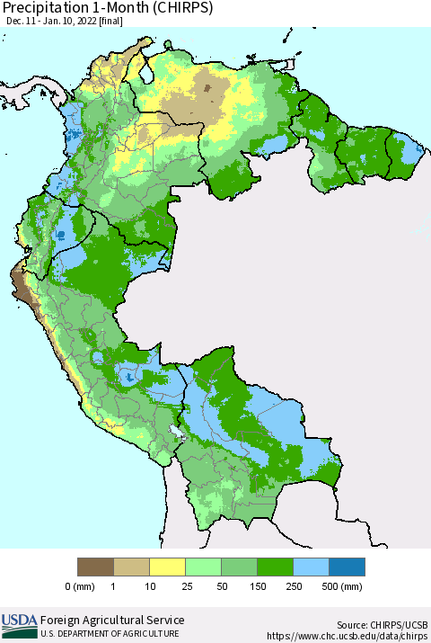 Northern South America Precipitation 1-Month (CHIRPS) Thematic Map For 12/11/2021 - 1/10/2022