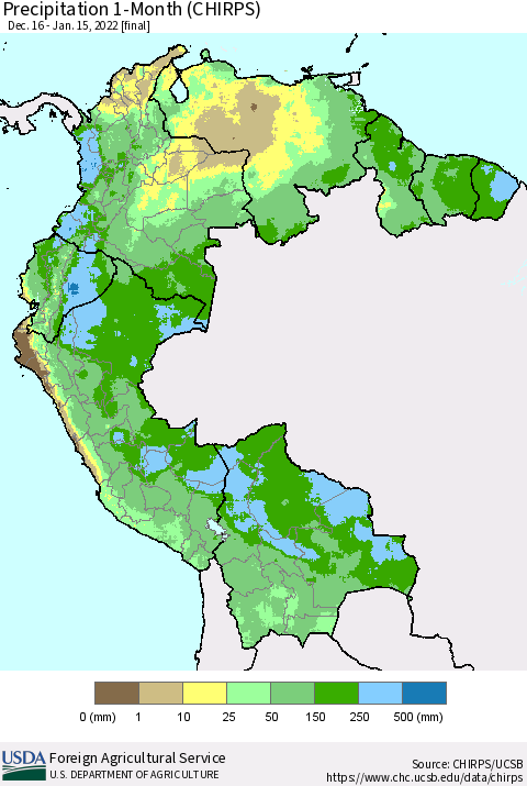 Northern South America Precipitation 1-Month (CHIRPS) Thematic Map For 12/16/2021 - 1/15/2022