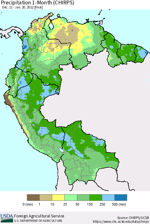 Northern South America Precipitation 1-Month (CHIRPS) Thematic Map For 12/21/2021 - 1/20/2022