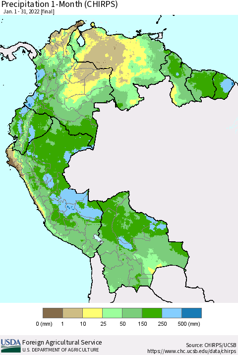 Northern South America Precipitation 1-Month (CHIRPS) Thematic Map For 1/1/2022 - 1/31/2022