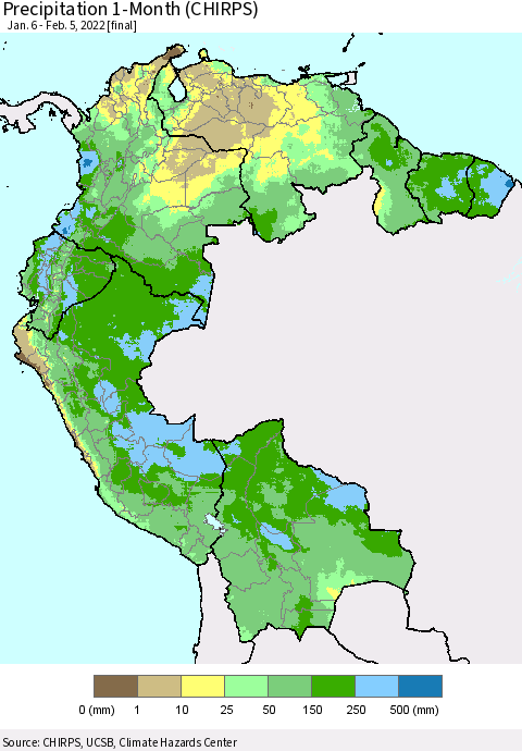 Northern South America Precipitation 1-Month (CHIRPS) Thematic Map For 1/6/2022 - 2/5/2022