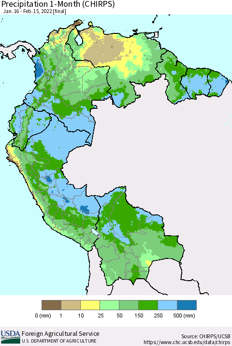 Northern South America Precipitation 1-Month (CHIRPS) Thematic Map For 1/16/2022 - 2/15/2022