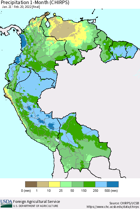 Northern South America Precipitation 1-Month (CHIRPS) Thematic Map For 1/21/2022 - 2/20/2022