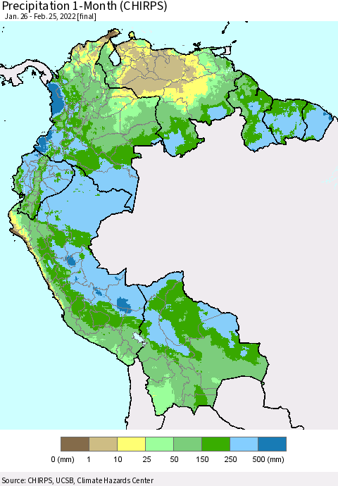 Northern South America Precipitation 1-Month (CHIRPS) Thematic Map For 1/26/2022 - 2/25/2022