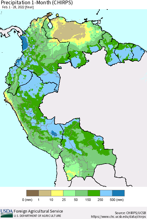 Northern South America Precipitation 1-Month (CHIRPS) Thematic Map For 2/1/2022 - 2/28/2022