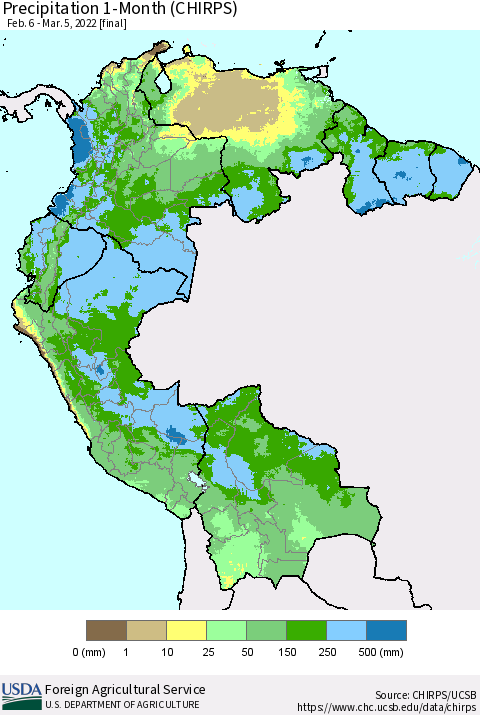 Northern South America Precipitation 1-Month (CHIRPS) Thematic Map For 2/6/2022 - 3/5/2022