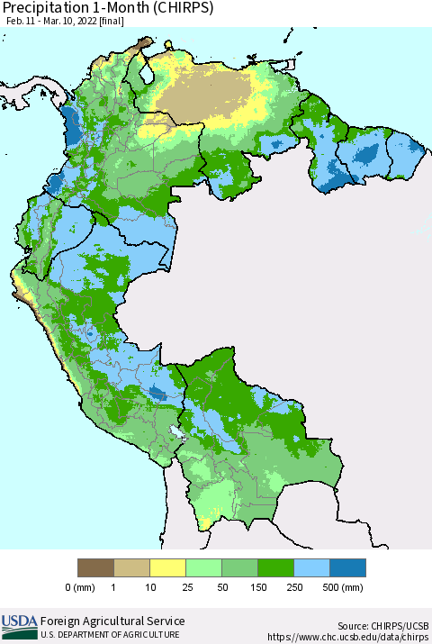 Northern South America Precipitation 1-Month (CHIRPS) Thematic Map For 2/11/2022 - 3/10/2022