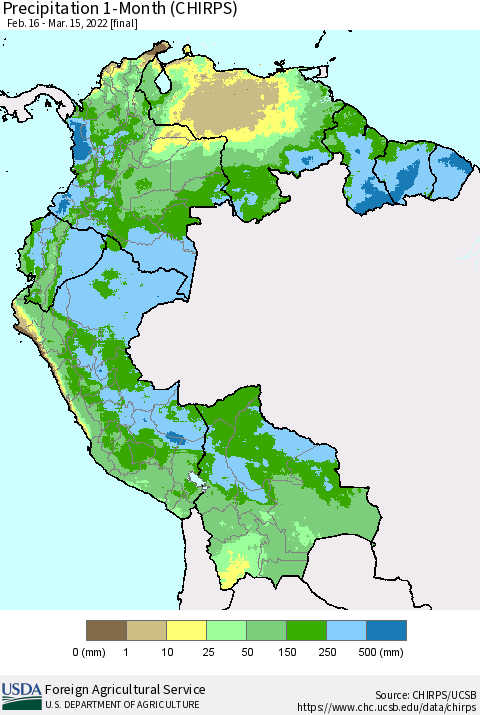 Northern South America Precipitation 1-Month (CHIRPS) Thematic Map For 2/16/2022 - 3/15/2022