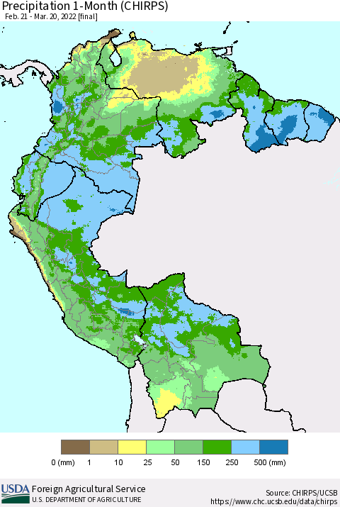 Northern South America Precipitation 1-Month (CHIRPS) Thematic Map For 2/21/2022 - 3/20/2022
