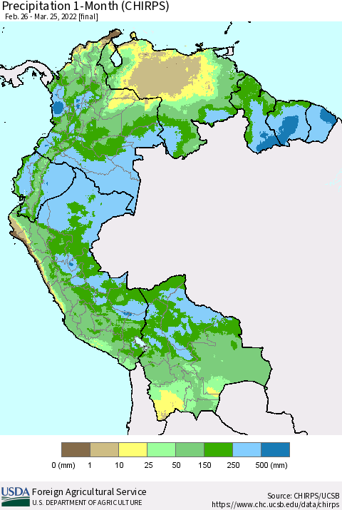Northern South America Precipitation 1-Month (CHIRPS) Thematic Map For 2/26/2022 - 3/25/2022