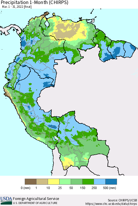 Northern South America Precipitation 1-Month (CHIRPS) Thematic Map For 3/1/2022 - 3/31/2022