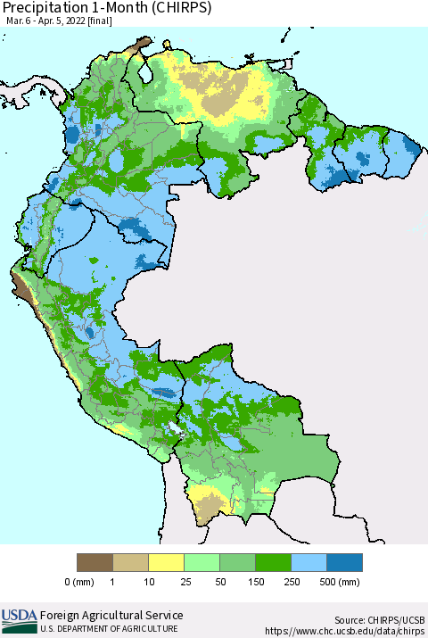 Northern South America Precipitation 1-Month (CHIRPS) Thematic Map For 3/6/2022 - 4/5/2022