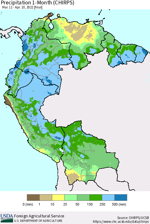 Northern South America Precipitation 1-Month (CHIRPS) Thematic Map For 3/11/2022 - 4/10/2022