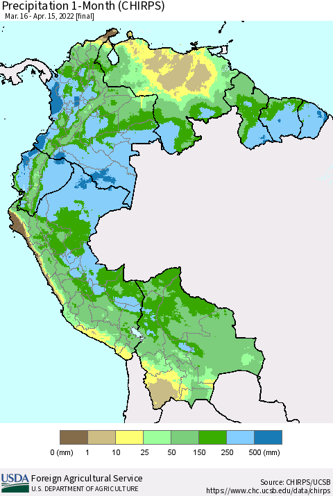 Northern South America Precipitation 1-Month (CHIRPS) Thematic Map For 3/16/2022 - 4/15/2022