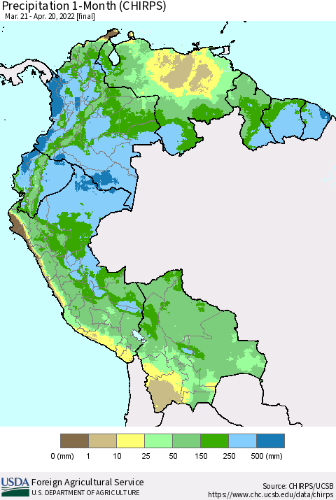 Northern South America Precipitation 1-Month (CHIRPS) Thematic Map For 3/21/2022 - 4/20/2022