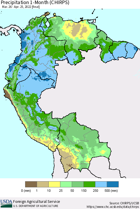 Northern South America Precipitation 1-Month (CHIRPS) Thematic Map For 3/26/2022 - 4/25/2022