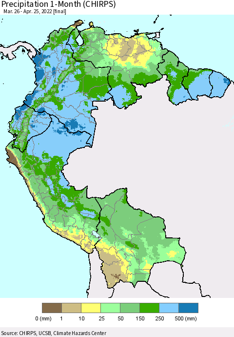 Northern South America Precipitation 1-Month (CHIRPS) Thematic Map For 3/26/2022 - 4/25/2022