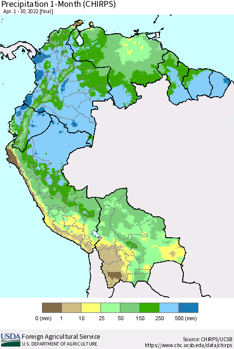 Northern South America Precipitation 1-Month (CHIRPS) Thematic Map For 4/1/2022 - 4/30/2022