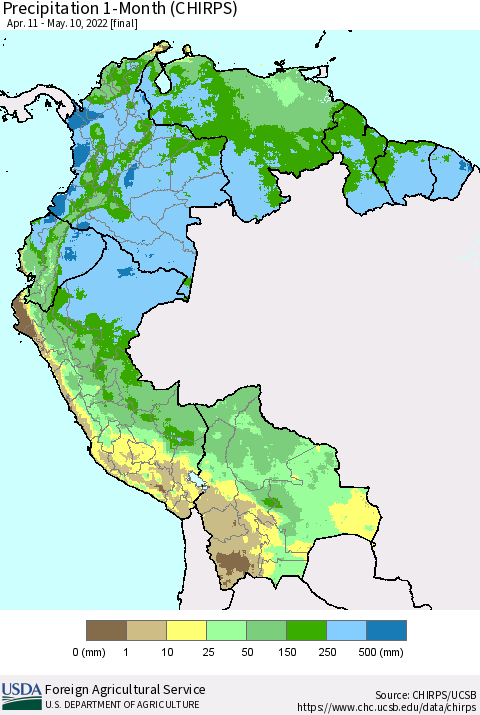Northern South America Precipitation 1-Month (CHIRPS) Thematic Map For 4/11/2022 - 5/10/2022