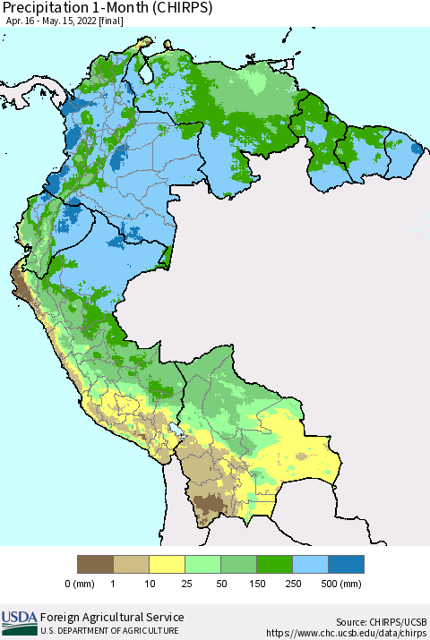 Northern South America Precipitation 1-Month (CHIRPS) Thematic Map For 4/16/2022 - 5/15/2022