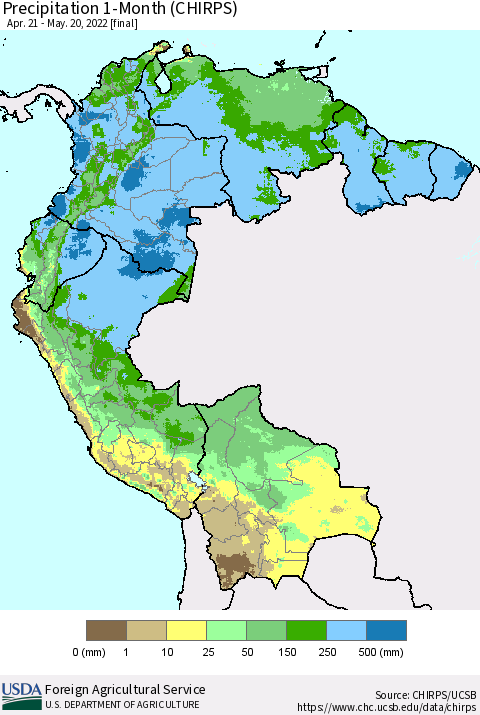 Northern South America Precipitation 1-Month (CHIRPS) Thematic Map For 4/21/2022 - 5/20/2022