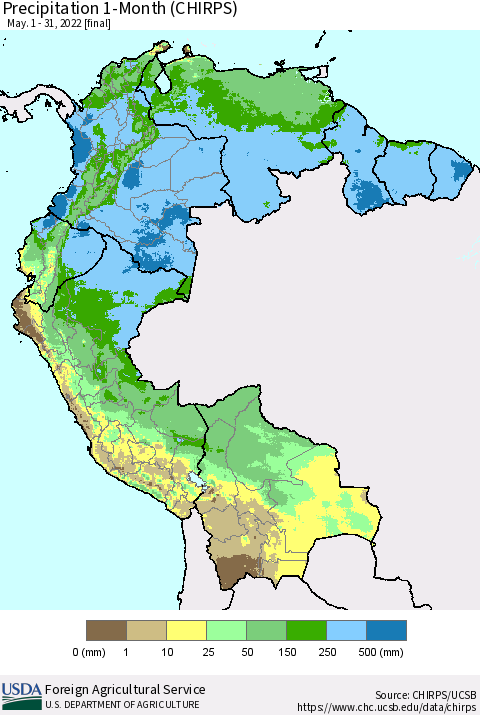Northern South America Precipitation 1-Month (CHIRPS) Thematic Map For 5/1/2022 - 5/31/2022