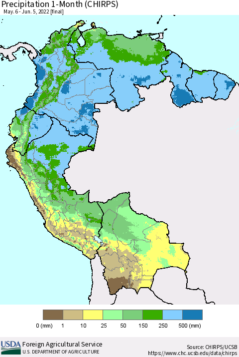 Northern South America Precipitation 1-Month (CHIRPS) Thematic Map For 5/6/2022 - 6/5/2022