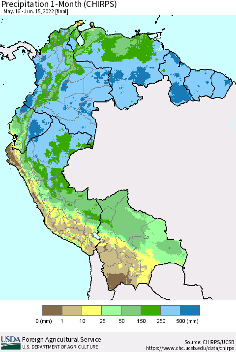 Northern South America Precipitation 1-Month (CHIRPS) Thematic Map For 5/16/2022 - 6/15/2022