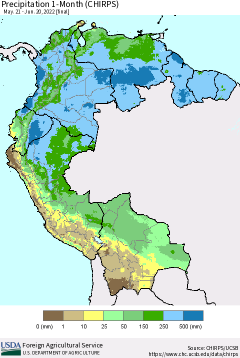 Northern South America Precipitation 1-Month (CHIRPS) Thematic Map For 5/21/2022 - 6/20/2022