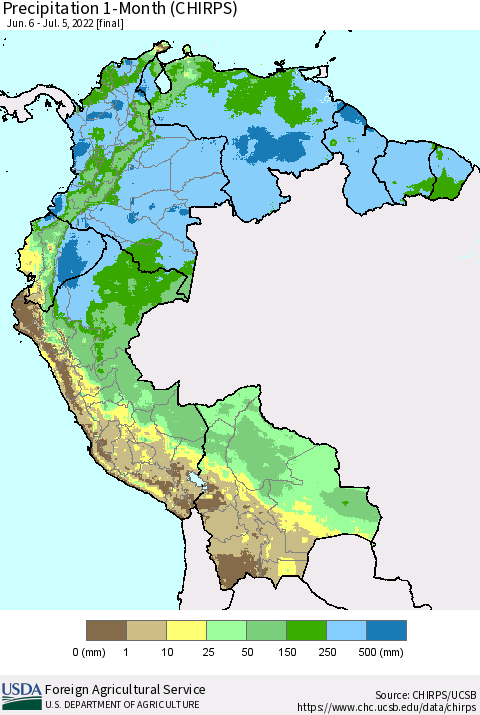 Northern South America Precipitation 1-Month (CHIRPS) Thematic Map For 6/6/2022 - 7/5/2022