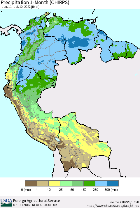 Northern South America Precipitation 1-Month (CHIRPS) Thematic Map For 6/11/2022 - 7/10/2022