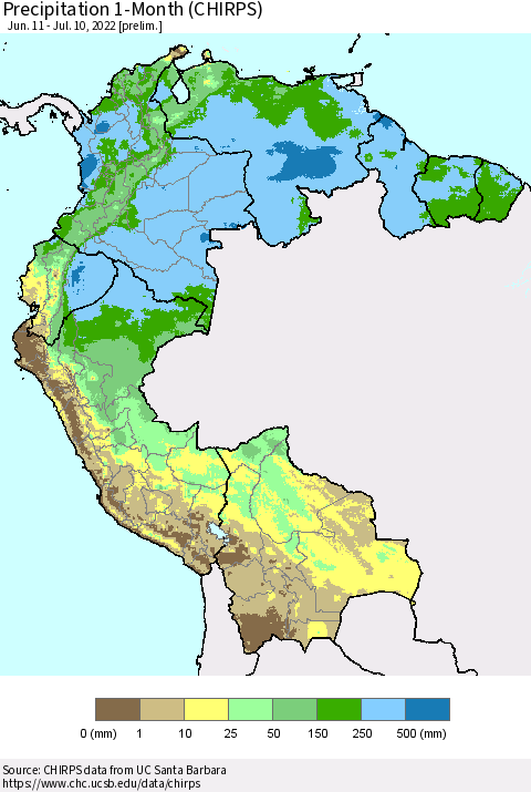Northern South America Precipitation 1-Month (CHIRPS) Thematic Map For 6/11/2022 - 7/10/2022