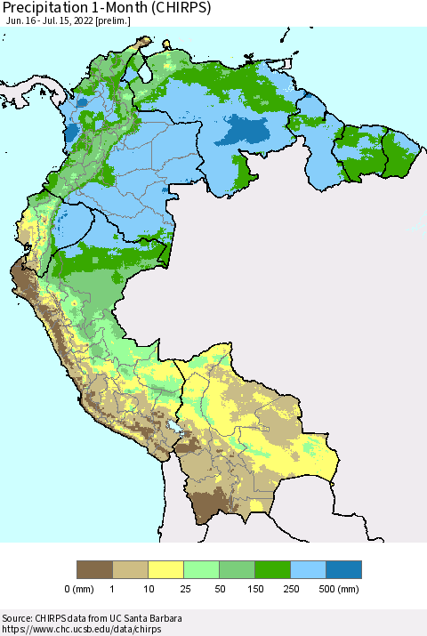 Northern South America Precipitation 1-Month (CHIRPS) Thematic Map For 6/16/2022 - 7/15/2022