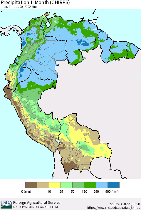 Northern South America Precipitation 1-Month (CHIRPS) Thematic Map For 6/21/2022 - 7/20/2022