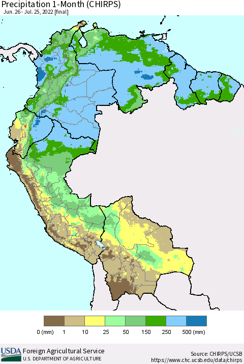 Northern South America Precipitation 1-Month (CHIRPS) Thematic Map For 6/26/2022 - 7/25/2022